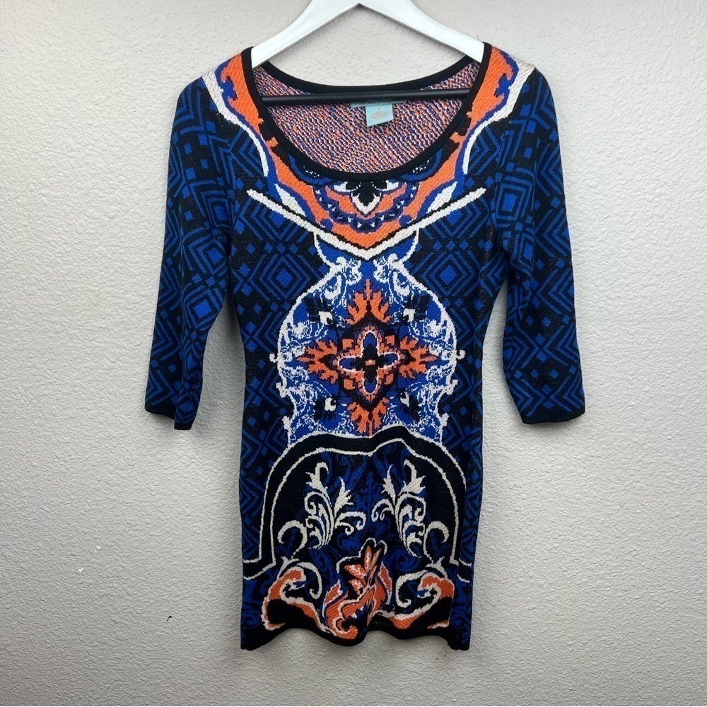 Flying Tomato Knit Long Sleeve Mini Dress in Black Blue Cream and Orange Sz S